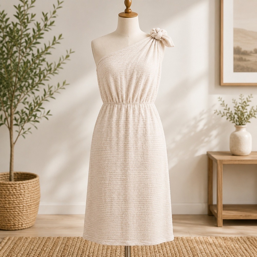 NWT Cupshe Cover Up Dress Womens One Size Beige‎ Waffle Knit One Shoulder Knot